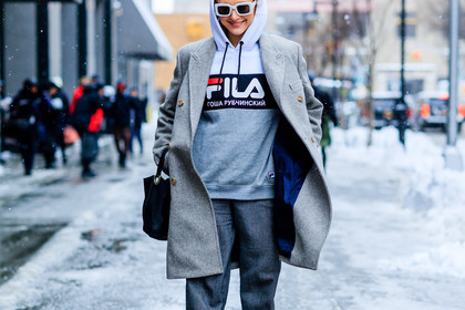atmosphere details, AUTUMN WINTER 2017-2018, AW 17-18, black bag, detail, FALL WINTER 2017-2018, fashion week, fila, frenchystyle, FW, FW 17-18, gosha rubchinskiy, grey coat, grey pants, grey sweater, hoodie, horizontal, jonathan paciullo, leather bag, NEW YORK, NYFW, street style, sunglasses, trousers