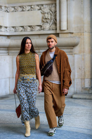 alice & j.s, beige hat, beige shoes, beige sweater, blue skirt, brown jacket, camel pants, corduroy, fanny pack, fendi, graphic skirt, green sneakers, high heels, leather bag, leather shoes, metallic dress, monogram, paco rabanne, printed skirt, red bag, see through, trousers, yellow sweater, PARIS, PFW, street style, jonathan paciullo, FW, frenchystyle, fashion week, AUTUMN WINTER 2019-2020, AW 19-20, FALL WINTER 2019-2020, FW 19-20, vertical, full length