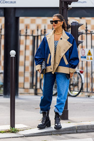bag, beige jacket, bicolor, black boots, black sunglasses, blue denim, blue jean, blue top, boots, chain necklace, denim, denim jacket, dior bag, dior top, Gili Biegun, gold necklace, jean, leather boots, logo print, necklace, oversize jacket, oversize sunglasses, printed top, sunglasses, fashion week, frenchystyle, FW, jonathan paciullo, street style, PFW, PARIS, SPRING SUMMER 2022, SS 22, vertical, full length