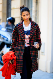 black pants, blue denim, bun, checked, denim pants, graphic jacket, jeans, model, plaid, printed jacket, printed t shirt, red coat, red sweater, tartan, trousers, white t shirt, PARIS, PFW, street style, jonathan paciullo, FW, frenchystyle, fashion week, AUTUMN WINTER 2019-2020, AW 19-20, FALL WINTER 2019-2020, FW 19-20, vertical, atmosphere details, detail