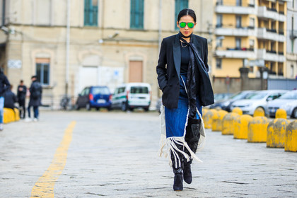 asymetric, atmosphere details, AUTUMN WINTER 2016-2017, aviator sunglasses, AW 16-17, black boots, black jacket, black scarf, blazer, blue denim, denim skirt, FALL WINTER 2016-2017, fashion week, frenchystyle, fringes, full length, FW, FW 16-17, graphic skirt, high boots, high heels, horizontal, jonathan paciullo, leather boots, LFW, LONDON, MENSWEAR, necklace, street style, suede shoes, sunglasses, tina leung