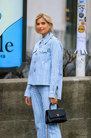 black bag, blue jacket, blue pants, chanel handbag, earrings, graphic jacket, leather bag, printed jacket, stripes, trousers, xnenia adonts, PARIS, PFW, street style, jonathan paciullo, FW, frenchystyle, fashion week, AUTUMN WINTER 2019-2020, AW 19-20, FALL WINTER 2019-2020, FW 19-20, vertical, atmosphere details, detail