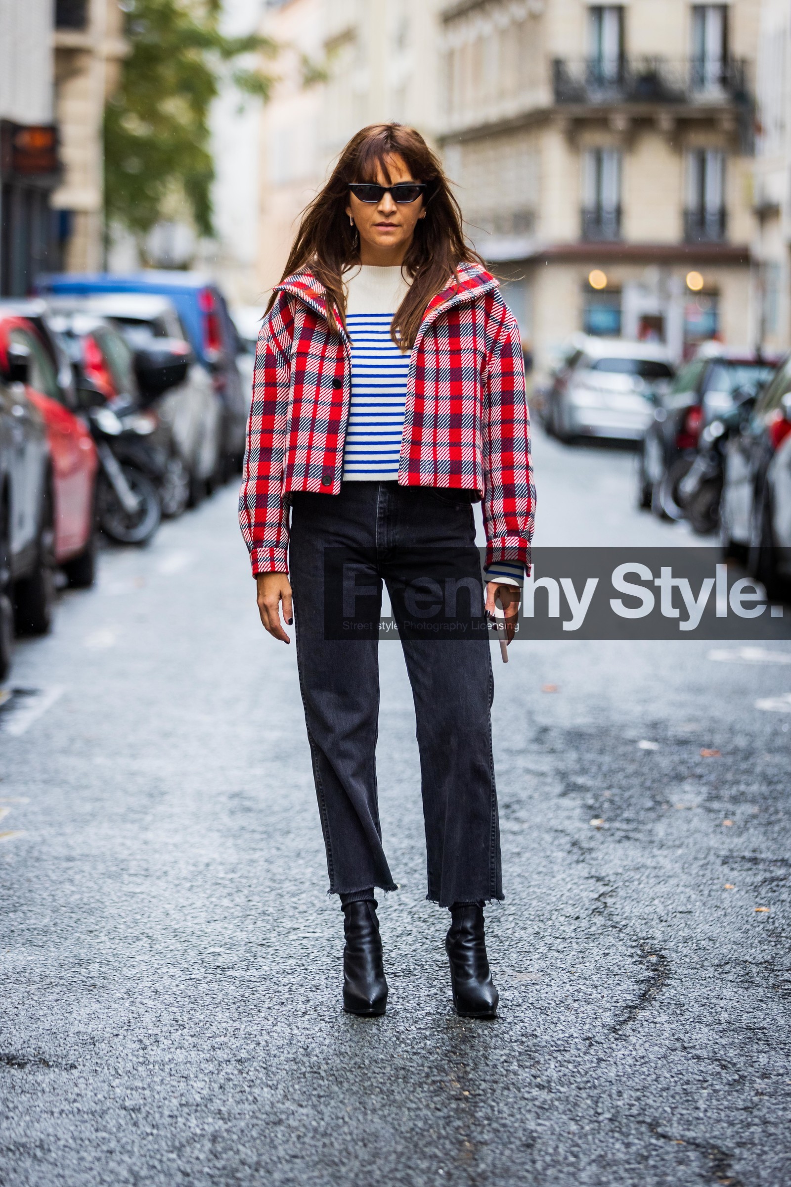 black boots, black sunglasses, blue stripes, boots, check, checked jacket, denim, grey denim, grey jean, jacket, jean, Laure Hériard-Dubreuil, mariniere, print, printed jacket, red jacket, striped knitwear, sunglasses, white knitwear, fashion week, frenchystyle, FW, jonathan paciullo, street style, PFW, PARIS, SPRING SUMMER 2022, SS 22, vertical, full length