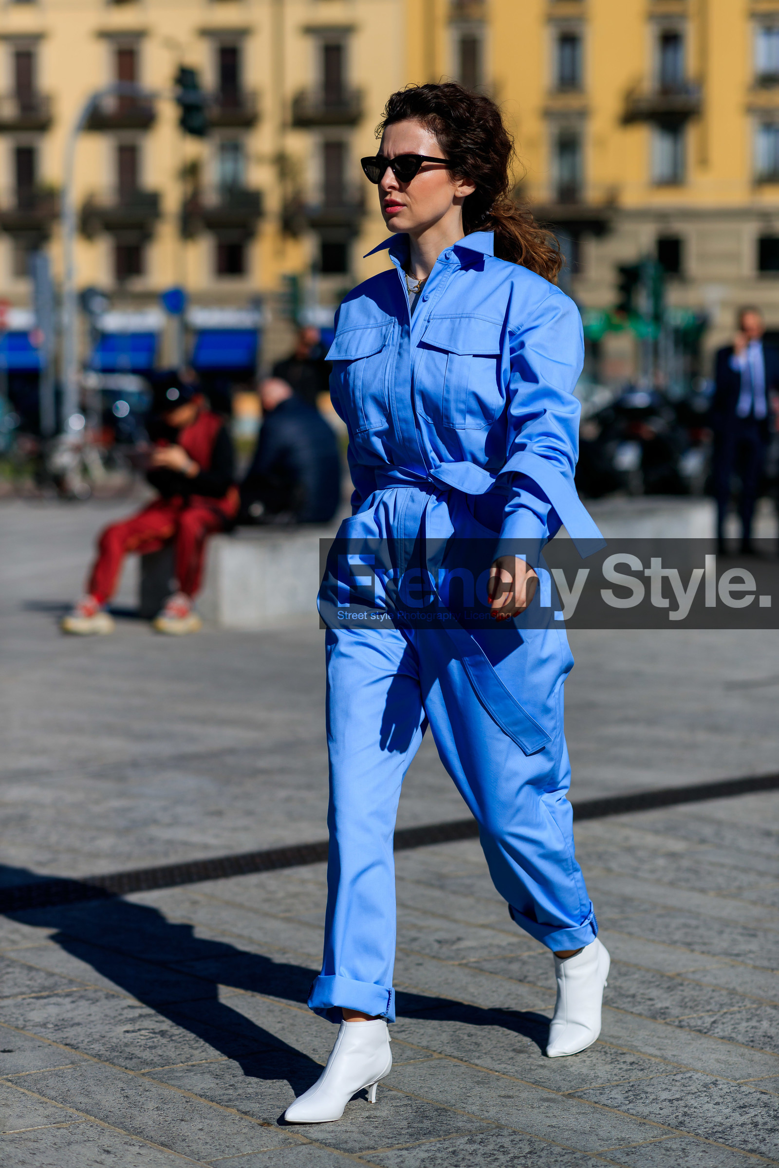 blue bag, blue jumpsuit, leather bag, leather shoes, sunglasses, trousers, white shoes, MILAN, MFW, fashion week, frenchystyle, FW, jonathan paciullo, street style, AUTUMN WINTER 2019-2020, AW 19-20, FALL WINTER 2019-2020, FW 19-20, vertical, full length