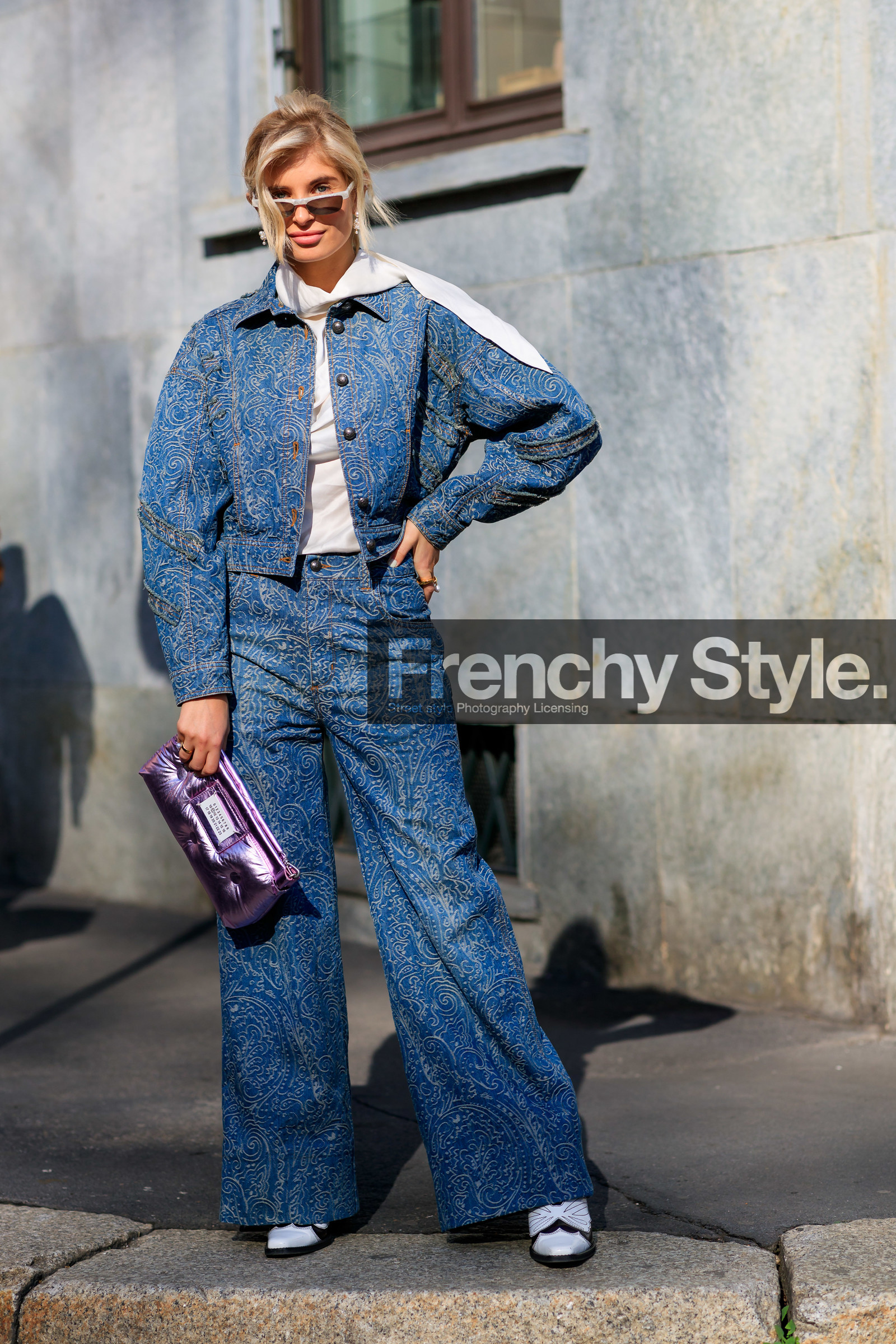 blue denim, denim jacket, denim pants, graphic jacket, graphic pants, jeans, leather bag, leather shoes, maison martin margiela, printed jacket, printed pants, purple bag, shiny bag, sunglasses, trousers, white shirt, white shoes, xenia adonts, MILAN, MFW, fashion week, frenchystyle, FW, jonathan paciullo, street style, AUTUMN WINTER 2019-2020, AW 19-20, FALL WINTER 2019-2020, FW 19-20, vertical, full length