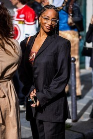 black blazer, black pants, blazer, fines lines, glasses, pants, red top, striped blazer, striped pants, stripes, top, transparent glasses, street style, jonathan paciullo, FW, frenchystyle, fashion week, PFW, PARIS, SPRING SUMMER 2022, SS 22, vertical, atmosphere details