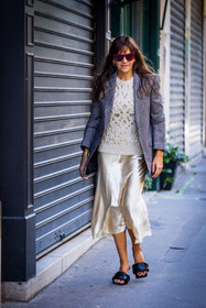 Laure Hériard-Dubreuil, beige satin skirt, beige knit, check, checked blazert, red sunglasses, bottega veneta, shoes, fashion week, frenchystyle, FW, jonathan paciullo, street style, PFW, PARIS, SPRING SUMMER 2022, SS 22, vertical, full length