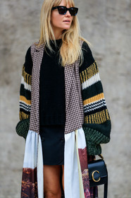 black bag, black skirt, black sweater, checked, chloé, gingham, graphic jacket, jeanette madsen, leather bag, multicolor jacket, plaid, printed jacket, stripes, sunglasses, PARIS, PFW, street style, jonathan paciullo, FW, frenchystyle, fashion week, AUTUMN WINTER 2019-2020, AW 19-20, FALL WINTER 2019-2020, FW 19-20, vertical, atmosphere details, detail