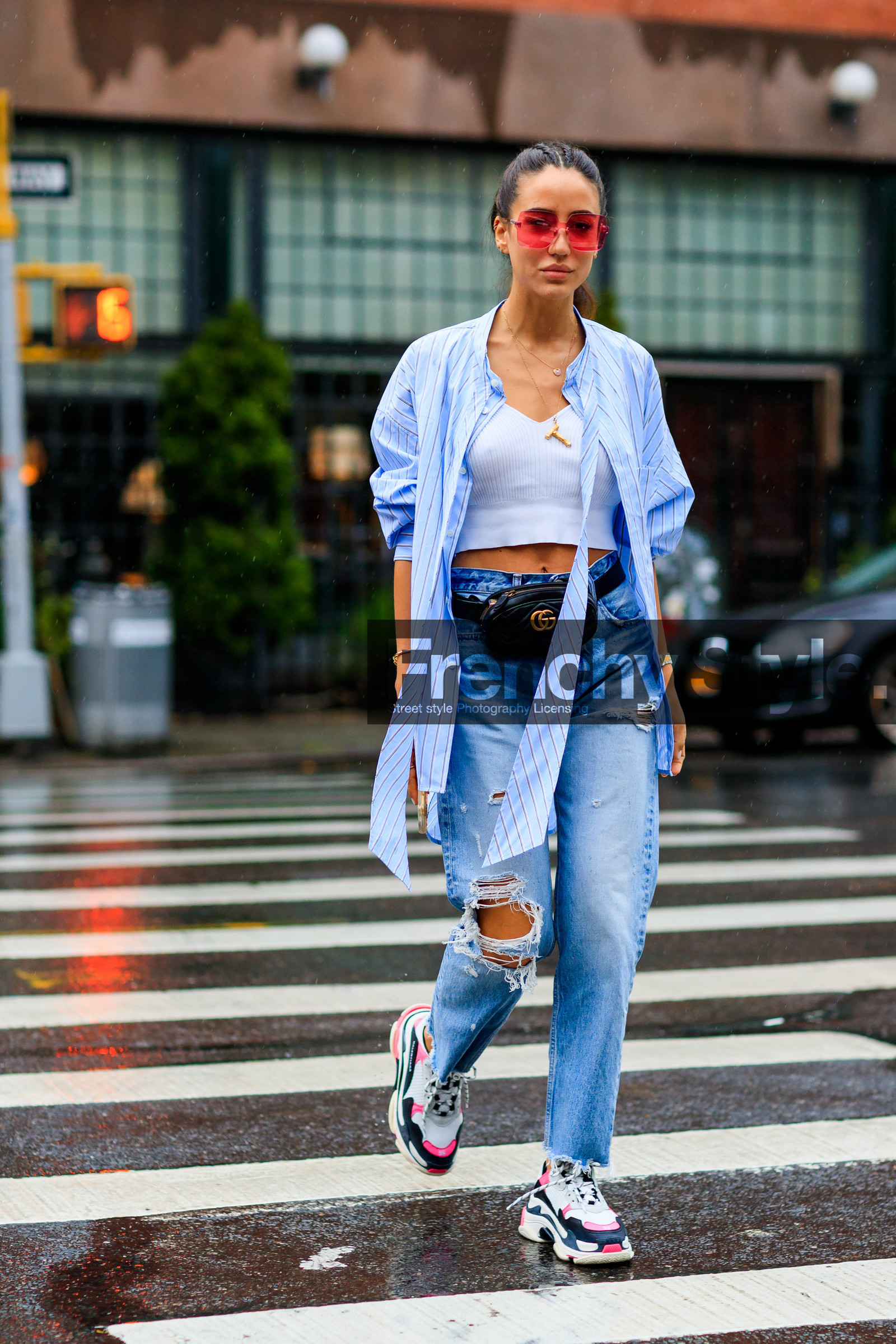 balenciaga, black bag, blue denim, blue shirt, crop top, denim pants, fanny pack, gucci, jeans, leather bag, leather shoes, necklace, ripped pants, striped shirt, sunglasses, tamara kalinic, trousers, white sneakers, white top, street style, jonathan paciullo, FW, frenchystyle, fashion week, NYFW, NEW YORK, SPRING SUMMER 2019, SS 19, vertical, full length