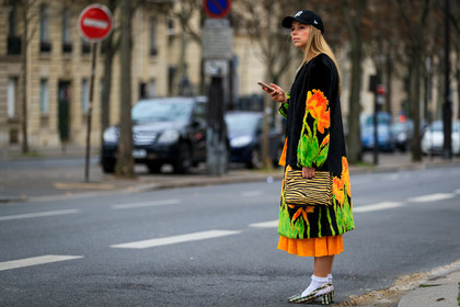 animal print, black cap, black fur coat, chloe king, floral, flowers, gingham, graphic bag, graphic jacket, green shoes, high heels, leather bag, leather shoes, orange bag, orange dress, printed bag, printed jacket, ruffles, white socks, zebra, PARIS, PFW, street style, jonathan paciullo, FW, frenchystyle, fashion week, AUTUMN WINTER 2019-2020, AW 19-20, FALL WINTER 2019-2020, FW 19-20, horizontal, atmosphere details, full length