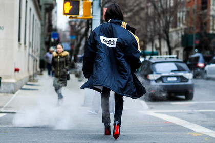 adidas, atmosphere details, AUTUMN WINTER 2016-2017, AW 16-17, black boots, black coat, black jacket, black pants, christian louboutin, down jacket, fashion week, frenchystyle, full length, FW, FW 16-17, high heels, high hell, horizontal, jonathan paciullo, leather boots, NEW YORK, NYFW, street style, striped pants, tone on tone, total look black, trousers, woman