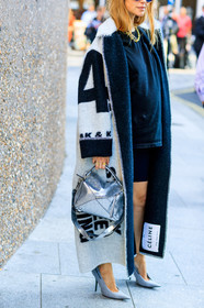 balenciaga, black and white, black shorts, black t shirt, céline, graphic jacket, grey shoes, high heels, leather bag, leather shoes, loewe, necklace, pernille teisbaek, printed jacket, shiny bag, silver bag, white coat, fashion week, frenchystyle, FW, jonathan paciullo, street style, LFW, LONDON, SPRING SUMMER 2019, SS 19, vertical, detail, atmosphere details