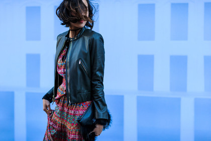 atmosphere details, AUTUMN WINTER 2016-2017, AW 16-17, black jacket, Chriselle Lim, detail, embroidered dress, fashion week, frenchystyle, FW, FW 16-17, graphic dress, horizontal, jonathan paciullo, leather jacket, long dress, NEW YORK, NYFW, pink dress, printed dress, red dress, silk dress, street style, woman