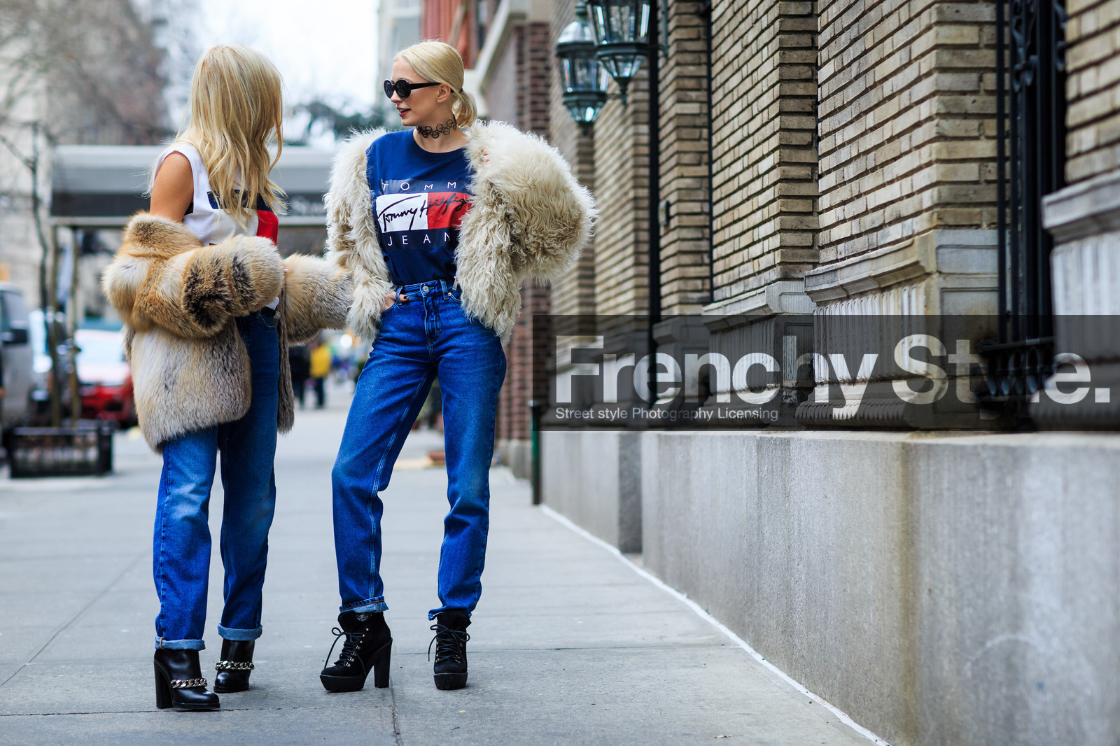 atmosphere details, AUTUMN WINTER 2016-2017, AW 16-17, beige fur, black boots, blue denim, blue t shirt, caroline vreeland, denim pants, fashion week, frenchystyle, full length, fur jacket, FW, FW 16-17, group of people, high boots, high heels, horizontal, jeans, jonathan paciullo, lace up shoes, leather boots, natural fur, necklace, NEW YORK, NYFW, printed t shirt, shea marie, street style, sunglasses, tommy hilfiger, trousers, white t shirt, white tank top, woman