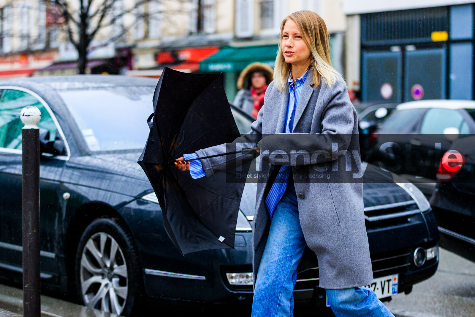 atmosphere details, AUTUMN WINTER 2017-2018, AW 17-18, blue denim, blue shirt, denim pants, detail, FALL WINTER 2017-2018, fashion week, frenchystyle, FW, FW 17-18, grey coat, holli rogers, holly, horizontal, jeans, jonathan paciullo, PARIS, PFW, street style, trousers