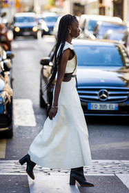 bag, belt, black bag, black belt, black boots, boots, dress, earrings, ecru dress, gold earrings, leather bag, leather boots, long dress, street style, jonathan paciullo, FW, frenchystyle, fashion week, PFW, PARIS, SPRING SUMMER 2022, SS 22, vertical, full length, model
