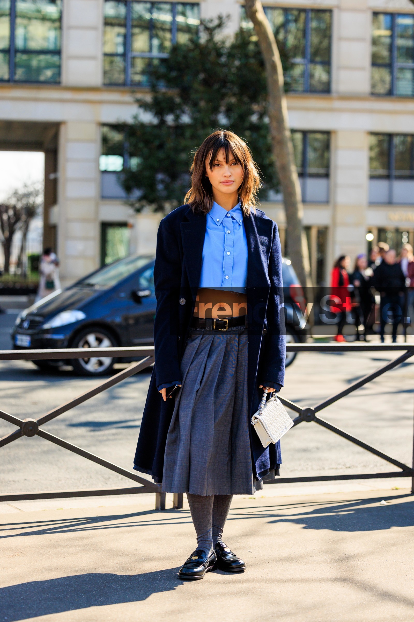 blue shirt, blue coat, black belt, miu miu skirt, brown belt, grey skirt, grey socks, black mocassins, miu miu bag, white bag, Ellen Rosa, sarah ellen, FW 22-23, FALL WINTER 2022_2023, AUTUMN WINTER 2022-2023, fashion week, frenchystyle, FW, jonathan paciullo, street style, PFW, PARIS, full length, vertical