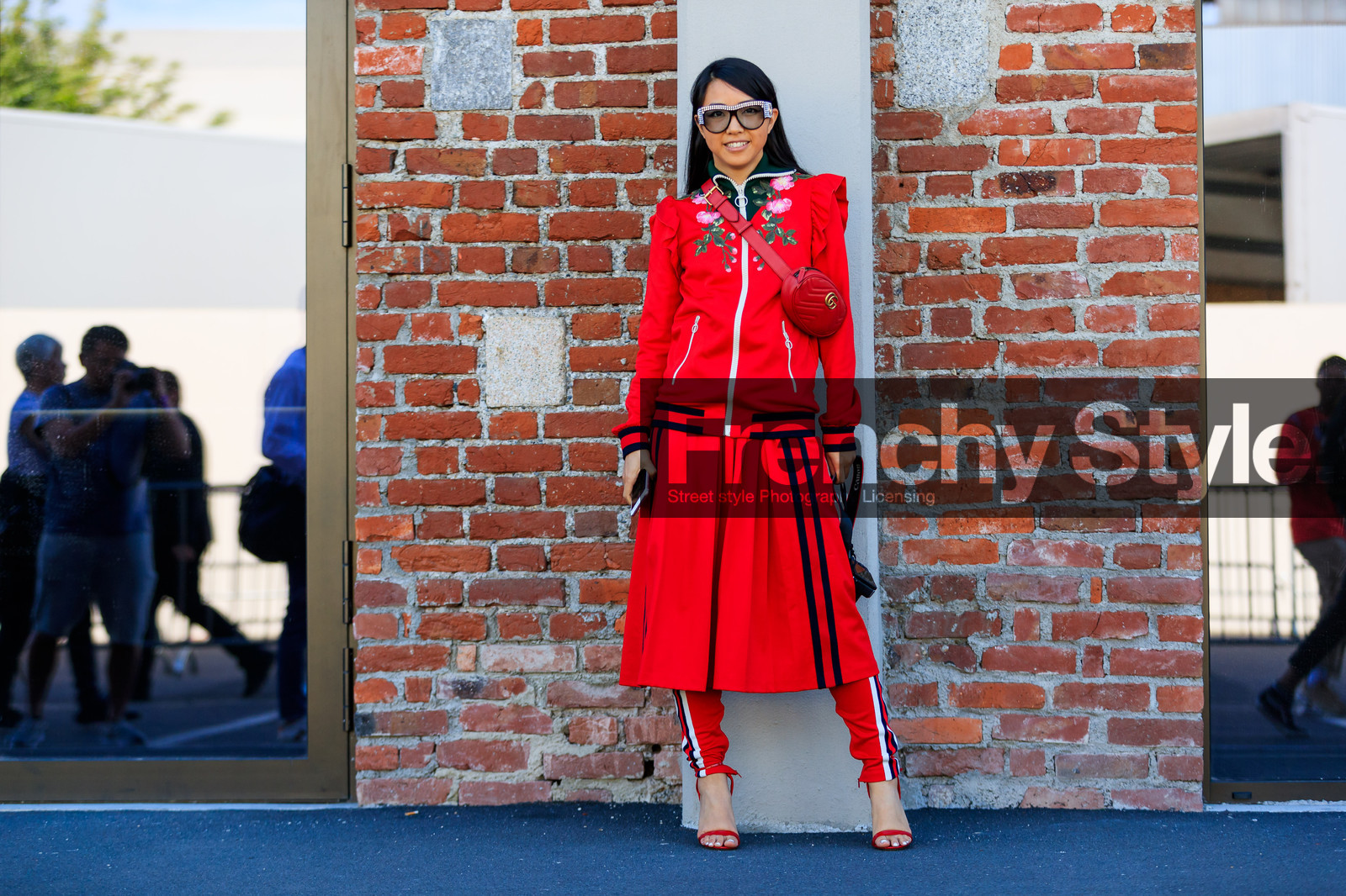 atmosphere details, fashion week, frenchystyle, full length, FW, graphic pants, graphic skirt, gucci, high heels, horizontal, jonathan paciullo, leather bag, leather shoes, MFW, MILAN, printed pants, printed skirt, red bag, red jacket, red pants, red shoes, red skirt, red sweater, SPRING SUMMER 2018, SS 18, street style, sunglasses, tone on tone, total look red, trousers, yuwei zhangzou, yuyu zhangzou