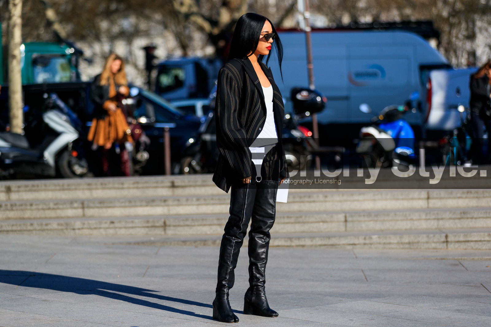 aleali may, alealy, black jacket, black pants, black shoes, corset, graphic jacket, high boots, leather shoes, printed jacket, red lips, stripes, trousers, white top, PARIS, PFW, street style, jonathan paciullo, FW, frenchystyle, fashion week, AUTUMN WINTER 2019-2020, AW 19-20, FALL WINTER 2019-2020, FW 19-20, horizontal, atmosphere details, full length