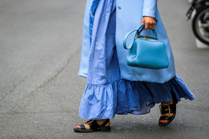 tiany kiriloff, blue total look, blue dress, light blue coat, prada sandals, black leather sandals, buckle sandals, golden buckle shoes, multi straps sandals, flat sandals, close up detail, legs detail, leather coat, long coat, long dress, fashion week, frenchystyle, FW, jonathan paciullo, street style, MFW, MILAN, SPRING SUMMER 2020, SS 20