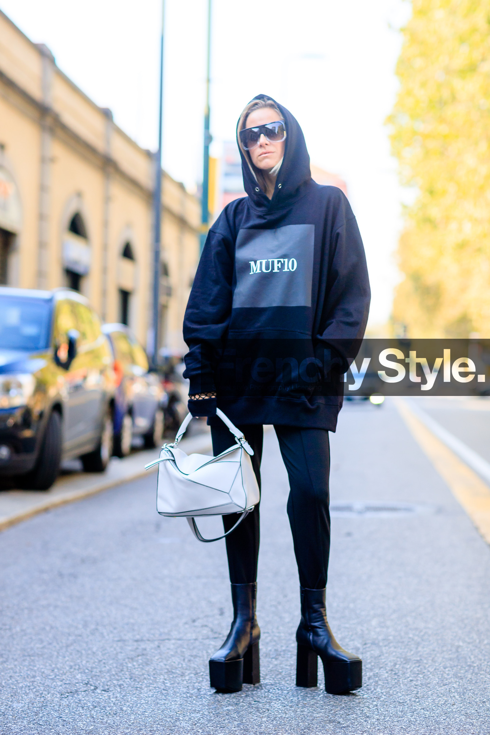 balenciaga, black boots, black leggings, black sweater, celine aagaard, fashion week, frenchystyle, full length, FW, high heels, hoodie, jonathan paciullo, leather bag, leather shoes, loewe, MFW, MILAN, printed sweater, SPRING SUMMER 2017, SS 17, street style, sunglasses, vertical, white bag