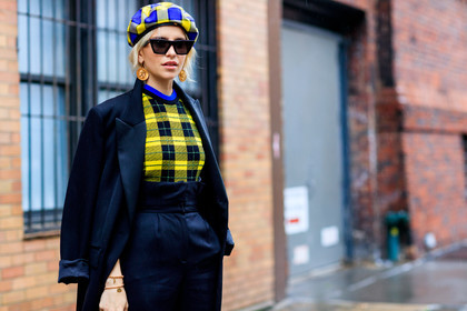 black coat, black pants, caro daur, checked, earrings, graphic sweater, high waist, over the shoulder, plaid, printed hat, printed sweater, sunglasses, tartan, trousers, yellow hat, yellow sweater, street style, jonathan paciullo, FW, frenchystyle, fashion week, NYFW, NEW YORK, SPRING SUMMER 2019, SS 19, atmosphere details, horizontal, detail