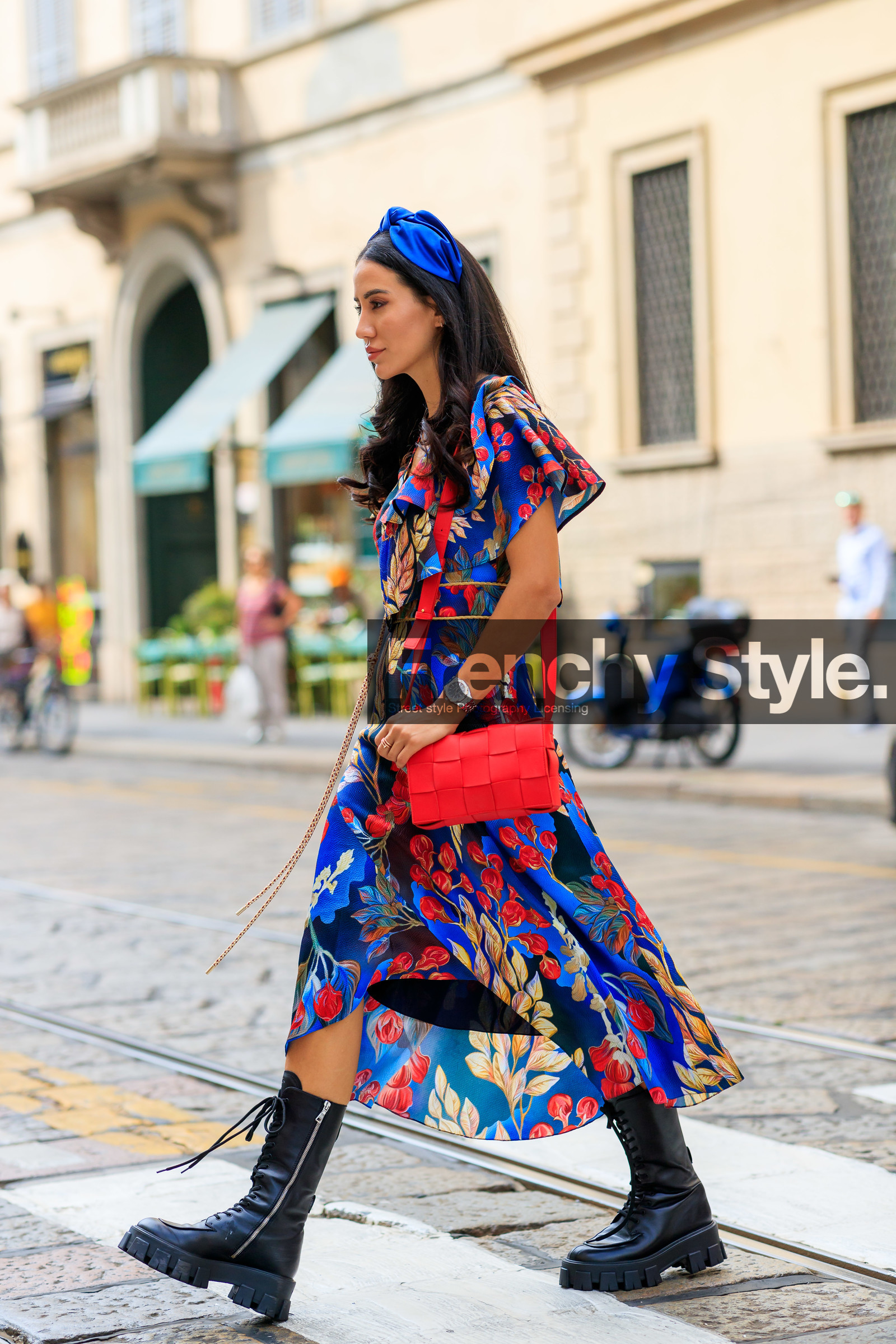 tamara kalinic, floral printed dress, blue dress, yellow dress, red dress, short sleeves dress, low necked dress, ruffle dress, black leather boots, laced boots, high boots, fashion week, frenchystyle, FW, jonathan paciullo, street style, MFW, MILAN, SPRING SUMMER 2020, SS 20