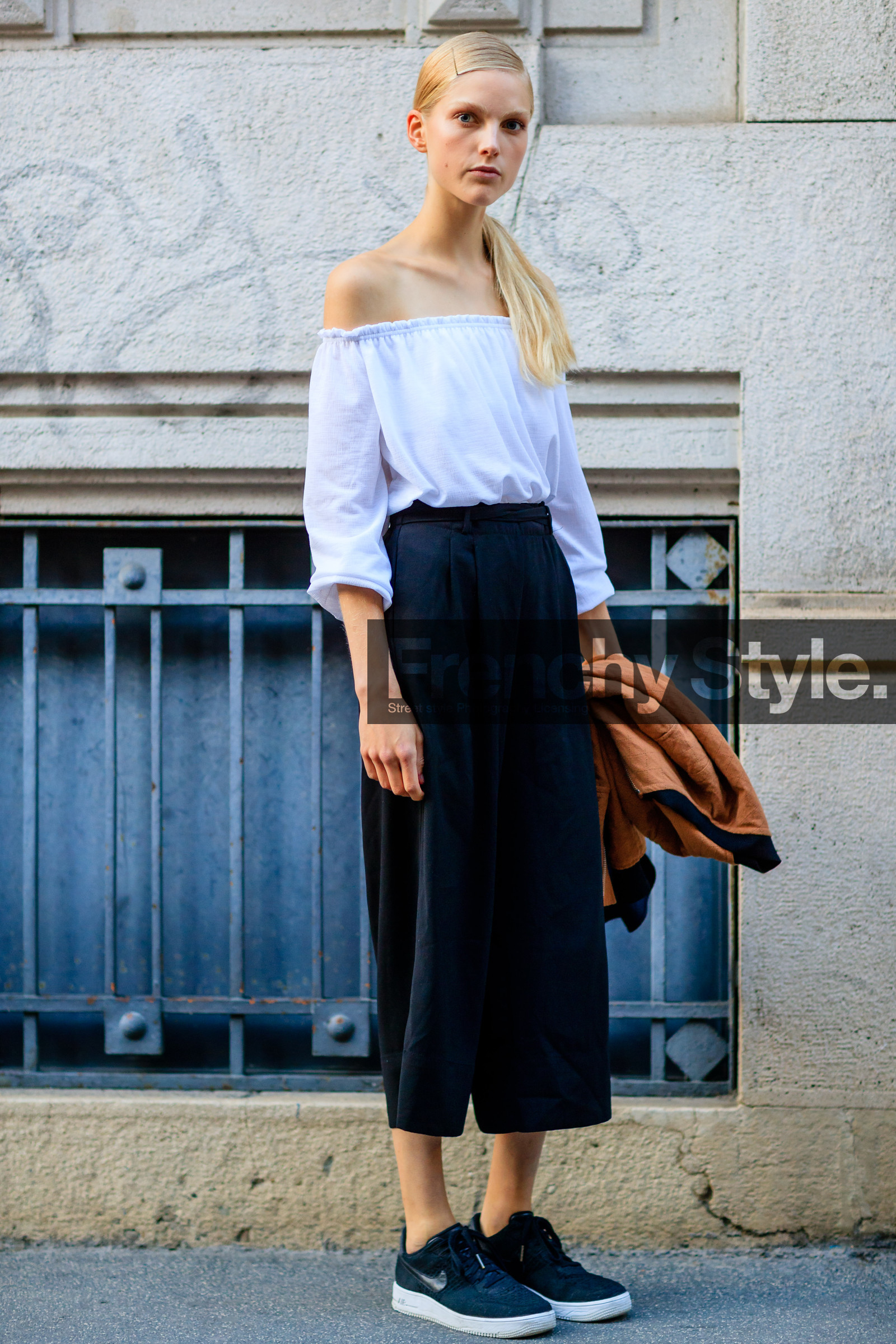 black skirt, black sneakers, camel jacket, fashion week, frenchystyle, full length, FW, jonathan paciullo, Kirin Dejonckheere, leather shoes, MFW, MILAN, model, nike, off the shoulder, SPRING SUMMER 2017, SS 17, street style, vertical, white top