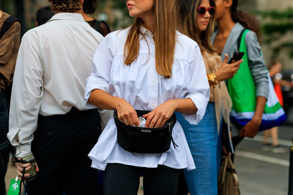 black bag, fanny pack, leather bag, saint laurent paris, trousers, white shirt, fashion week, frenchystyle, FW, jonathan paciullo, street style, NYFW, NEW YORK, SPRING SUMMER 2019, SS 19, atmosphere details, horizontal, detail