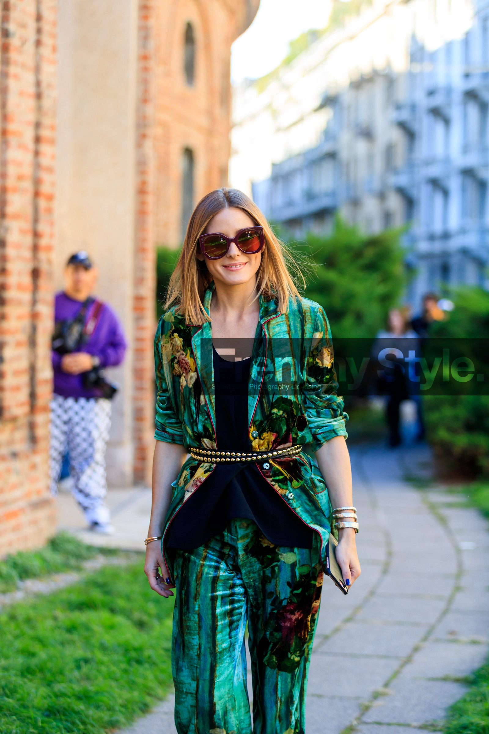 atmosphere details, black belt, black top, detail, fashion week, floral, flowers, frenchystyle, FW, graphic jacket, graphic pants, green jacket, green pants, jonathan paciullo, MFW, MILAN, olivia palermo, printed jacket, printed pants, SPRING SUMMER 2018, SS 18, street style, studs, sunglasses, trousers, vertical