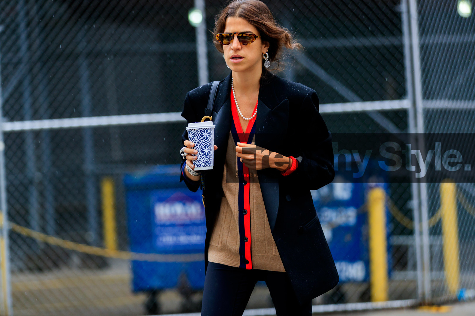 beige cardigan, black jacket, black leggings, blazer, leandra medine, necklace, pearls, sunglasses, trousers, street style, jonathan paciullo, FW, frenchystyle, fashion week, NYFW, NEW YORK, SPRING SUMMER 2019, SS 19, atmosphere details, horizontal, detail