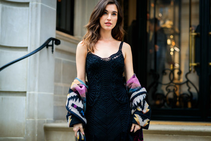 black bag, black dress, graphic jacket, leather bag, multicolor jacket, off the shoulder, patchwork, printed jacket, ralph lauren, frenchystyle, jonathan paciullo, street style, NYFW, NEW YORK, AUTUMN WINTER 2019-2020, AW 19-20, FALL WINTER 2019-2020, FW 19-20, fashion week, FW, atmosphere details, horizontal, detail