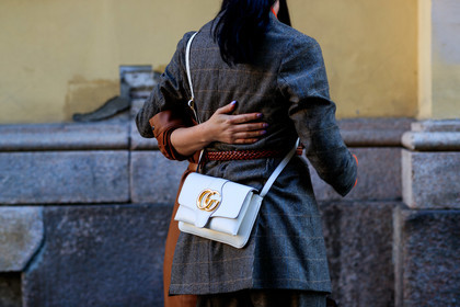 blazer, brown belt, caroline issa, checked, graphic jacket, graphic pants, grey jacket, gucci, leather bag, leather belt, plaid, printed jacket, printed pants, trousers, white bag, MILAN, MFW, fashion week, frenchystyle, FW, jonathan paciullo, street style, AUTUMN WINTER 2019-2020, AW 19-20, FALL WINTER 2019-2020, FW 19-20, atmosphere details, detail, horizontal