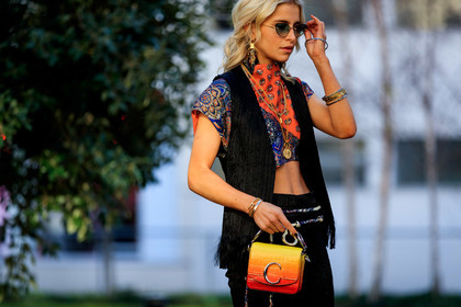 black jacket, black pants, bracelet, caro daur, chloé, earrings, graphic top, leather bag, orange bag, orange top, printed top, red bag, sleeveless, sunglasses, vest, white belt, yellow bag, PARIS, PFW, street style, jonathan paciullo, FW, frenchystyle, fashion week, AUTUMN WINTER 2019-2020, AW 19-20, FALL WINTER 2019-2020, FW 19-20, horizontal, atmosphere details, detail