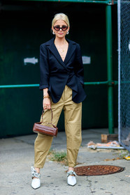 beige pants, black jacket, blazer, brown bag, caro daur, earrings, high heels, leather bag, leather shoes, rejina pyo, sunglasses, trousers, white shoes, street style, jonathan paciullo, FW, frenchystyle, fashion week, NYFW, NEW YORK, SPRING SUMMER 2019, SS 19, vertical, full length