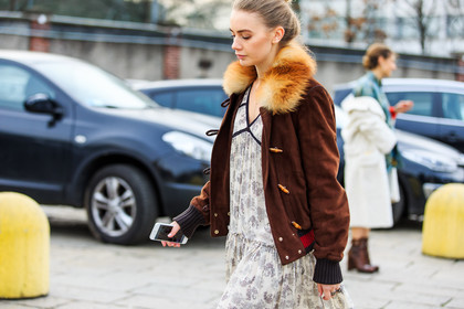 alina gelzina, atmosphere details, AUTUMN WINTER 2016-2017, AW 16-17, bomber jacket, brown fur, brown jacket, detail, FALL WINTER 2016-2017, fashion week, frenchystyle, fur collar, FW, FW 16-17, gucci, horizontal, jonathan paciullo, leather jacket, LFW, LONDON, MENSWEAR, natural fur, printed dress, silk dress, street style, suede jacket, white dress