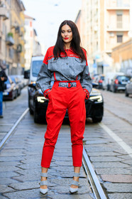 belt, black and white, graphic jacket, graphic shirt, grey shirt, grey shoes, high heels, leather shoes, printed jacket, printed shirt, red pants, trousers, fashion week, frenchystyle, FW, jonathan paciullo, street style, MFW, MILAN, AUTUMN WINTER 2019-2020, AW 19-20, FALL WINTER 2019-2020, FW 19-20, vertical, full length