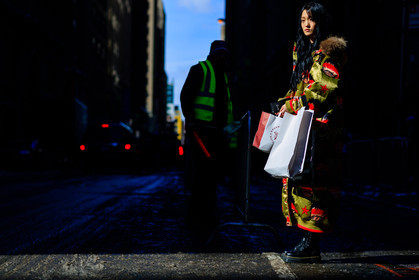 atmosphere details, AUTUMN WINTER 2017-2018, AW 17-18, black boots, cartoon, down jacket, FALL WINTER 2017-2018, fashion week, frenchystyle, full length, FW, FW 17-18, horizontal, jonathan paciullo, long coat, model, NEW YORK, NYFW, printed coat, street style, yellow coat