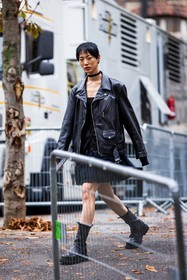 black boots, black monochrome, black perfecto, boots, choker, lace skirt, leather boots, leather perfecto, mini skirt, monochrome, perfecto, ruffles, skirt, Sora Choi, tulle skirt, fashion week, frenchystyle, FW, jonathan paciullo, street style, PFW, PARIS, SPRING SUMMER 2022, SS 22, vertical, full length