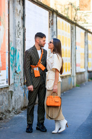 alice & j.s, beige shirt, beige skirt, black shoes, blazer, brown jacket, brown pants, brown suit, fanny pack, fendi, graphic jacket, graphic pants, graphic suit, high heels, leather bag, leather shoes, monogram, orange bag, pleated skirt, printed jacket, printed pants, printed suit, sunglasses, trousers, white shoes, white t shirt, MILAN, MFW, fashion week, frenchystyle, FW, jonathan paciullo, street style, AUTUMN WINTER 2019-2020, AW 19-20, FALL WINTER 2019-2020, FW 19-20, vertical, full length