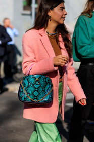 blazer, blue bag, brown sweater, earrings, georgia tal, graphic bag, green pants, leather bag, necklace, pink jacket, printed bag, snake print, trousers, MILAN, MFW, fashion week, frenchystyle, FW, jonathan paciullo, street style, AUTUMN WINTER 2019-2020, AW 19-20, FALL WINTER 2019-2020, FW 19-20, vertical, atmosphere details, detail