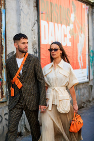 alice & j.s, beige shirt, beige skirt, blazer, brown jacket, brown pants, brown suit, fanny pack, fendi, graphic jacket, graphic pants, graphic suit, leather bag, monogram, orange bag, pleated skirt, printed jacket, printed pants, printed suit, sunglasses, trousers, white t shirt, MILAN, MFW, fashion week, frenchystyle, FW, jonathan paciullo, street style, AUTUMN WINTER 2019-2020, AW 19-20, FALL WINTER 2019-2020, FW 19-20, vertical, atmosphere details, detail