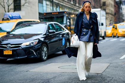 blue coat, choker, earrings, headband, leather bag, leather jacket, leather shoes, leonie hanne, maison martin margiela, navy jacket, necklace, sunglasses, trousers, white bag, white pants, frenchystyle, jonathan paciullo, street style, NYFW, NEW YORK, AUTUMN WINTER 2019-2020, AW 19-20, FALL WINTER 2019-2020, FW 19-20, fashion week, FW, atmosphere details, horizontal, full length