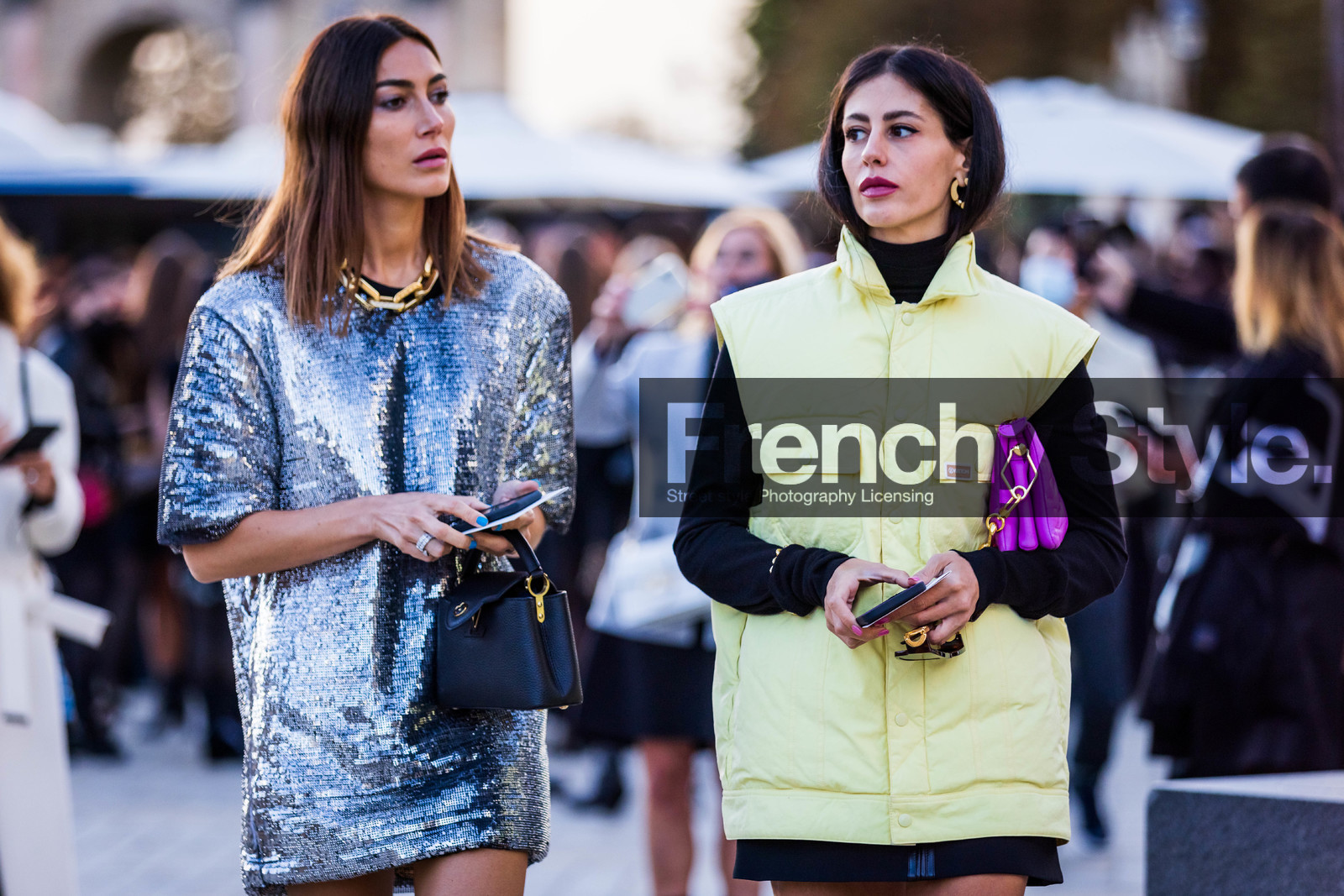 bag, black bag, black dress, dress, duo, Gilda Ambrosio, Giorgia Tordini, gold chain, gold necklace, jacket, louis vuitton look, necklace, purple bag, sequins, silver dress, sleeveless jacket, yellow jacket, fashion week, frenchystyle, FW, jonathan paciullo, street style, PFW, PARIS, SPRING SUMMER 2022, SS 22, horizontal, atmosphere details