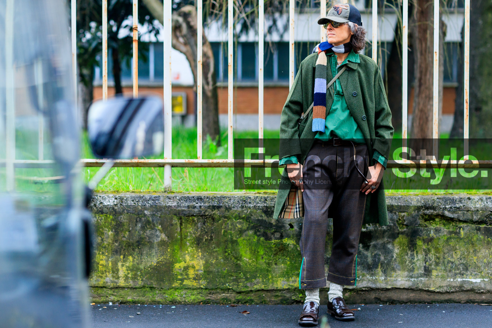 atmosphere details, AUTUMN WINTER 2017-2018, AW 17-18, brown loafers, brown pants, FALL WINTER 2017-2018, fashion week, frenchystyle, full length, FW, FW 17-18, geometric, green cap, green coat, green shirt, horizontal, jonathan paciullo, leather shoes, MFW, MILAN, printed scarf, street style, sunglasses, trousers