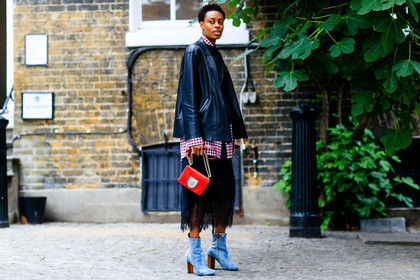 atmosphere details, black jacket, black pants, blue denim, check shirt, denim boots, denim shoes, donna wallace, fashion week, frenchystyle, full length, FW, gingham, graphic shirt, high heels, horizontal, jonathan paciullo, lace pants, leather bag, leather jacket, LFW, LONDON, louis vuitton, plaid, red bag, red shirt, SPRING SUMMER 2017, SS 17, street style, trousers, woman