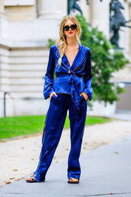 black sandals, blue pants, blue shirt, chiara ferragni, fashion week, frenchystyle, full length, FW, jonathan paciullo, pajamas, PARIS, PFW, silk pants, silk shirt, SPRING SUMMER 2017, SS 17, street style, sunglasses, tone on tone, total look blue, trousers, vertical