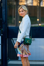 chloé, earrings, graphic skirt, green bag, leather bag, multicolor skirt, printed skirt, white jacket, xenia van der woodsen, PARIS, PFW, street style, jonathan paciullo, FW, frenchystyle, fashion week, AUTUMN WINTER 2019-2020, AW 19-20, FALL WINTER 2019-2020, FW 19-20, vertical, atmosphere details, detail