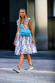 animals charms necklace, cartier watch, crossbody bag, fendi baguette bag, flower embroidered dress, golden bracelet, golden earrings, golden necklace, golden watch, light blue leather bag, monogrammed bag, multi bracelet, multi earrings, multi necklace, plaited shoes, snake earring, plaited sneakers, fashion week, frenchystyle, FW, jonathan paciullo, street style, vertical, full length