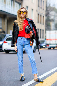 AUTUMN WINTER 2017-2018, AW 17-18, black bag, black jacket, black loafers, black perfecto, black shoes, blue denim, denim pants, FALL WINTER 2017-2018, fashion week, frenchystyle, full length, fun sunglasses, fur shoes, FW, FW 17-18, gucci, jeans, jonathan paciullo, leather bag, leather jacket, leather perfecto, leather shoes, MFW, MILAN, over the shoulder, red sweater, street style, studs, sunglasses, trousers, valentino, vertical